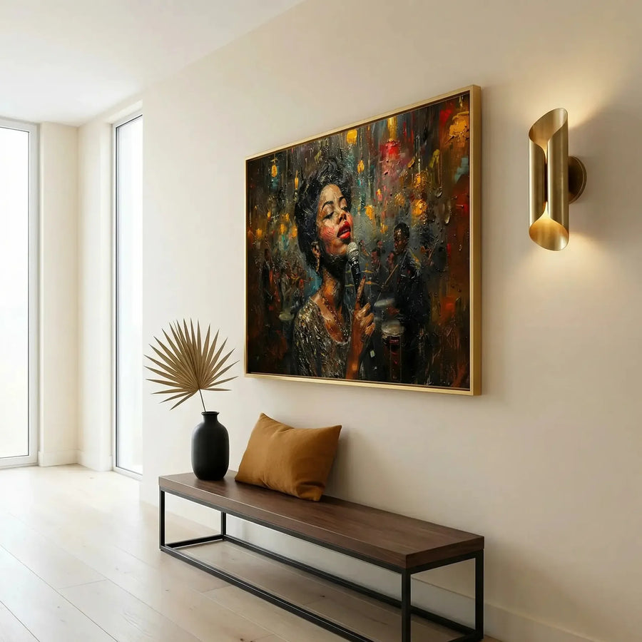 Modern Black art for apartment in minimalist hallway with brass sconce and walnut bench, vintage Black jazz singer painting. Digital mockup.