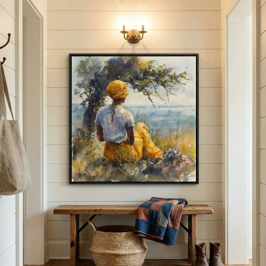 Gullah Geechee art in shiplap mudroom with antique bench and woven basket, watercolor Black woman by marsh tree. Digital mockup.