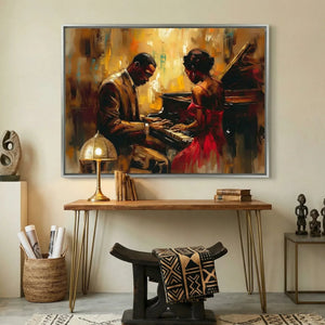 Modern Black art for apartment in modern hallway with hairpin console and African statues, Black couple at jazz piano. Digital mockup.