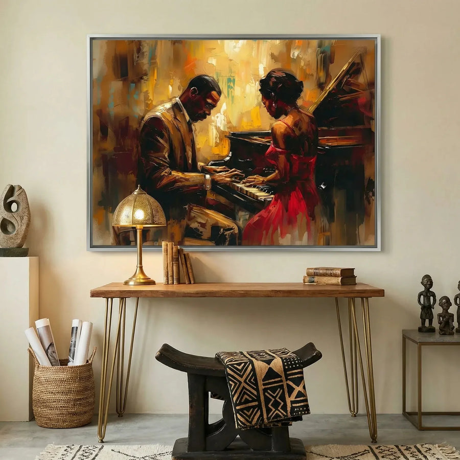 Modern Black art for apartment in modern hallway with hairpin console and African statues, Black couple at jazz piano. Digital mockup.