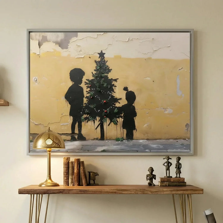 Modern Black art for apartment in minimalist hallway with hairpin console and African statues, street-art Black children. Digital mockup.