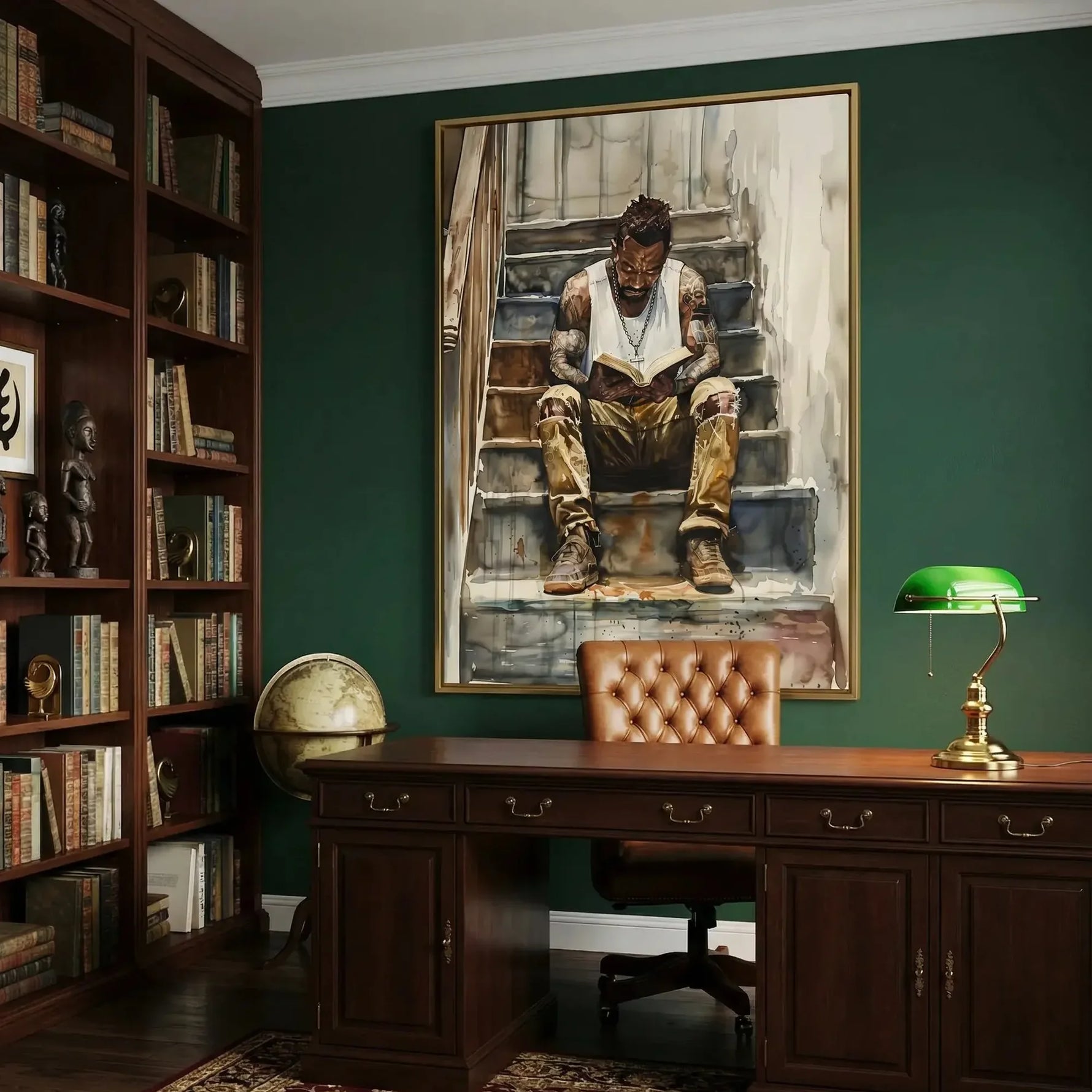 Black man reading nook in library home office with green walls and antique books, watercolor of Black man reading on stairs. Digital mockup.