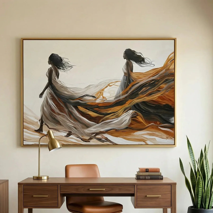 Modern Afro art for office in mid-century workspace with walnut desk and African mask, abstract Black women walking. Digital mockup.