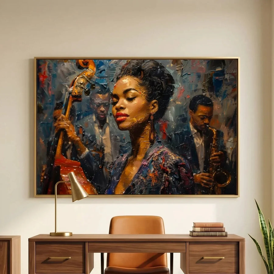 Modern Afro art for office in mid-century workspace with walnut desk and snake plant, young Ella Fitzgerald jazz art. Digital mockup.