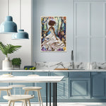 Black woman canvas art in kitchen with Floral paper art woman print on wall of modern blue kitchen with marble counters. Digital mockup.