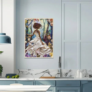 African American kitchen canvas in modern blue kitchen with marble counters and dome pendants, paper-quilled Black girl. Digital mockup.
