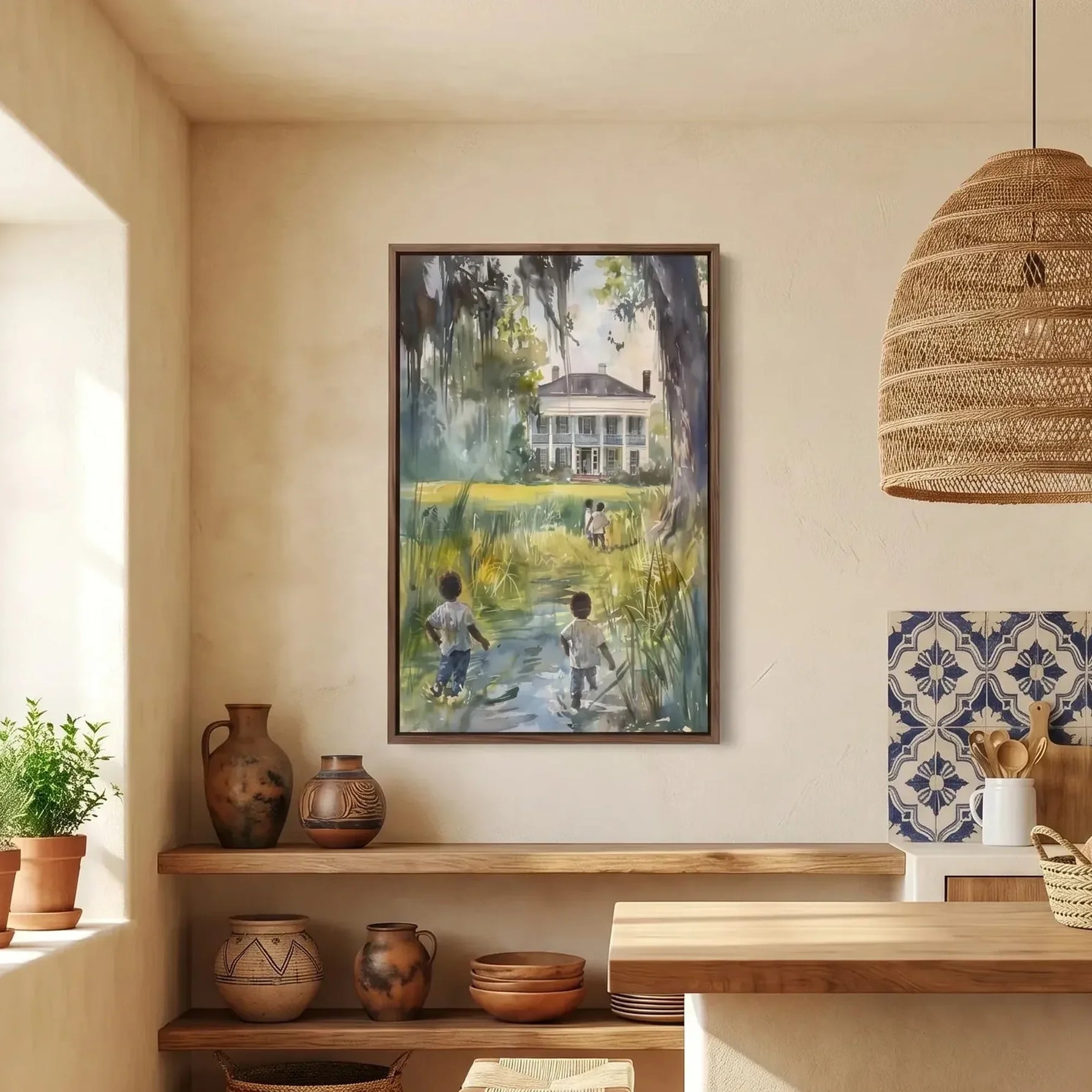 Lowcountry art in farmhouse kitchen with apron sink and shiplap, Black children walking heritage scene. Digital mockup.