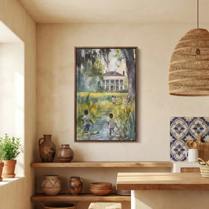 Lowcountry art in farmhouse kitchen with apron sink and shiplap, Black children walking heritage scene. Digital mockup.