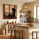 Afrocentric kitchen wall art in kitchen with Mediterranean kitchen with Talavera tiles wood shelves pottery wicker pendant. Digital mockup.
