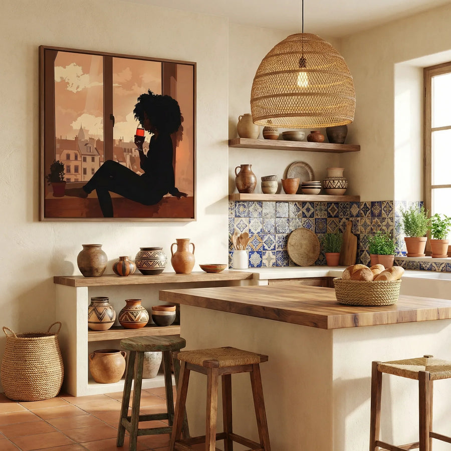 Afrocentric kitchen wall art in kitchen with Mediterranean kitchen with Talavera tiles wood shelves pottery wicker pendant. Digital mockup.