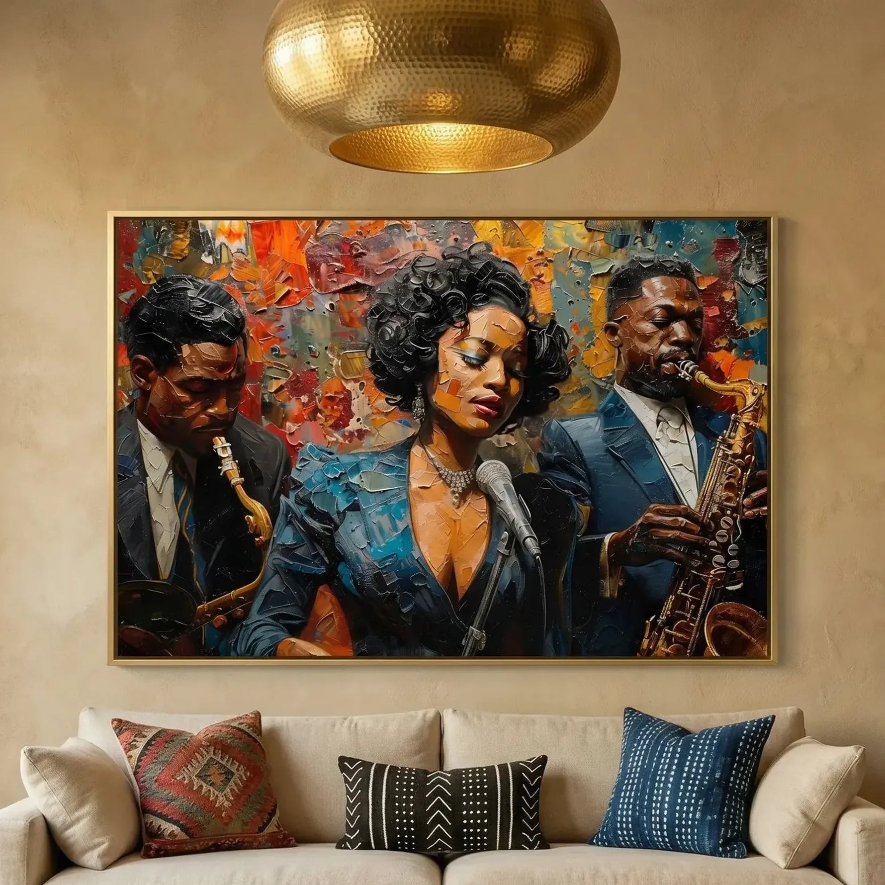 Modern African American art in Moroccan plaster living room with cream sofa and African statue, vintage Black jazz trio. Digital mockup.