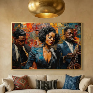 Modern African American art in Moroccan plaster living room with cream sofa and African statue, vintage Black jazz trio. Digital mockup.