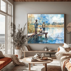 Gullah Geechee art in coastal modern space with ocean view and pampas, Black men and child fishing on dock, watercolor. Digital mockup.
