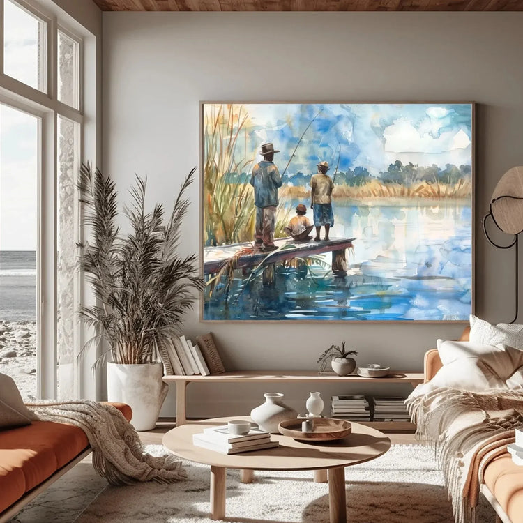 Gullah Geechee art in coastal modern space with ocean view and pampas, Black men and child fishing on dock, watercolor. Digital mockup.
