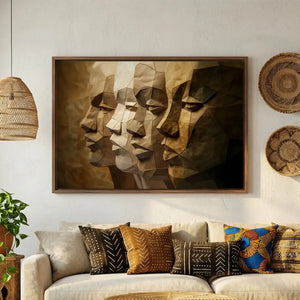 Afrohemian home decor wall art in boho Moroccan living room with mudcloth pillows and African baskets, paper-craft Black men. Digital mockup.