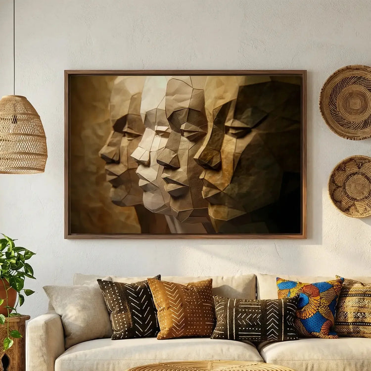 Afrohemian home decor wall art in boho Moroccan living room with mudcloth pillows and African baskets, paper-craft Black men. Digital mockup.