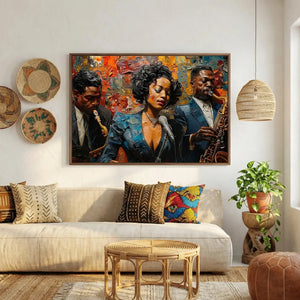 Afrohemian home decor wall art in boho Moroccan living room with mudcloth pillows, vintage Black jazz singer trio. Digital mockup.