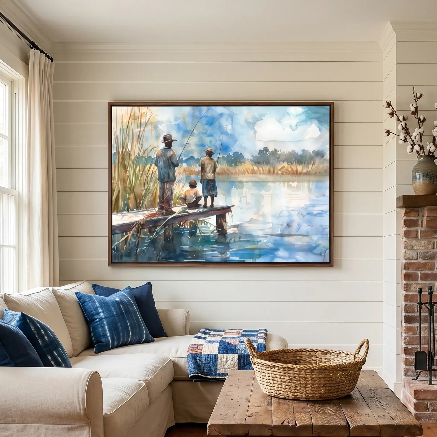 Lowcountry art in farmhouse style with cream sectional and brick fireplace, Black men and child fishing on dock. Digital mockup.