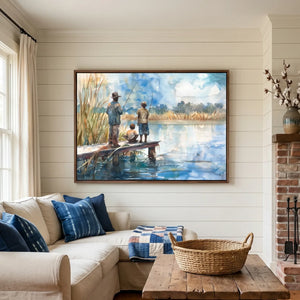 Lowcountry art in farmhouse style with cream sectional and brick fireplace, Black men and child fishing on dock. Digital mockup.