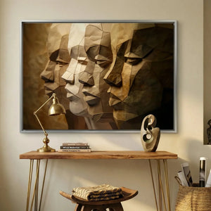 Black home office art in modern study with walnut hairpin console and brass desk lamp, paper-craft Black men profiles. Digital mockup.