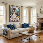 Black woman canvas art in living room with Paper quilling woman in forest art in brown frame above white farmhouse sofa. Digital mockup.