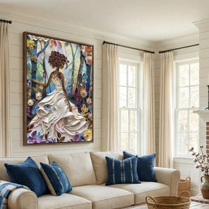 Black girl magic wall art in modern living room with monstera plant, paper-quilled Black girl in white ball gown, abstract. Digital mockup.