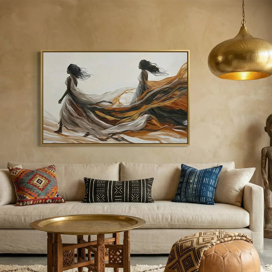 Afrohemian home decor wall art in boho Moroccan living room with brass pendant, abstract Black women walking free. Digital mockup.
