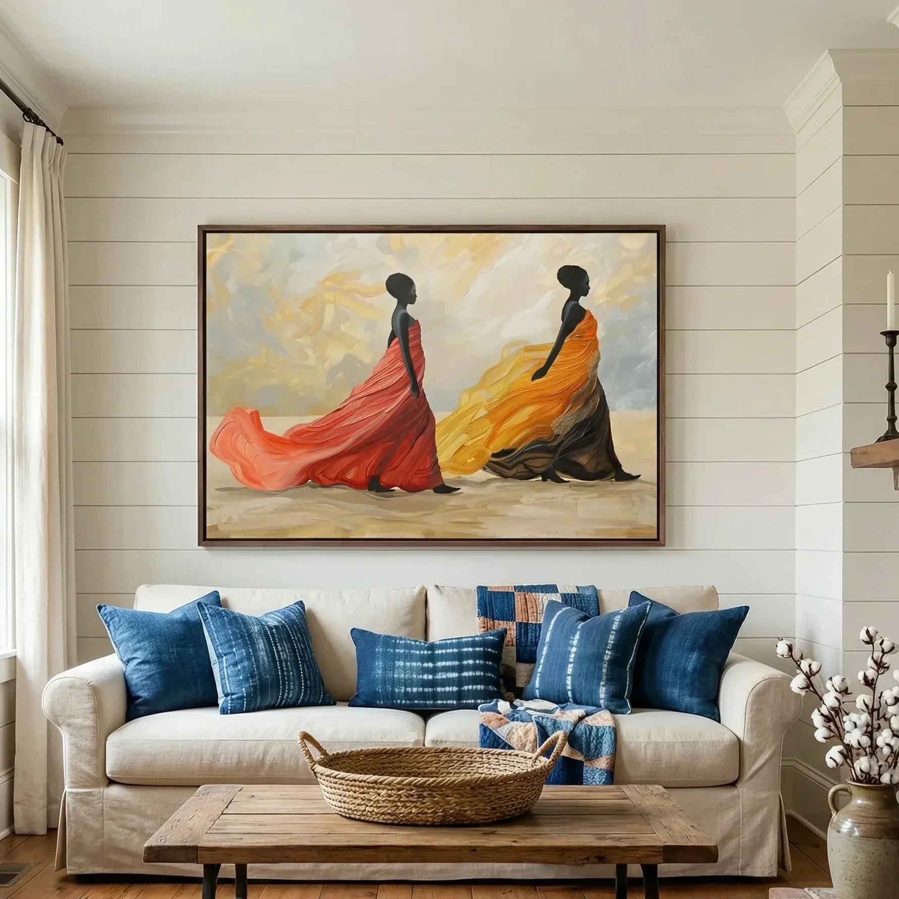 Black art for living room in farmhouse style with shiplap and brick fireplace, two regal Black women in flowing gowns. Digital mockup.