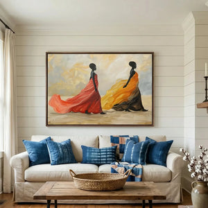 Black art for living room in farmhouse style with shiplap and brick fireplace, two regal Black women in flowing gowns. Digital mockup.