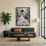 Black excellence wall art in living room with Minimalist living room with charcoal sofa, fiddle leaf fig, and floor lamp. Digital mockup.