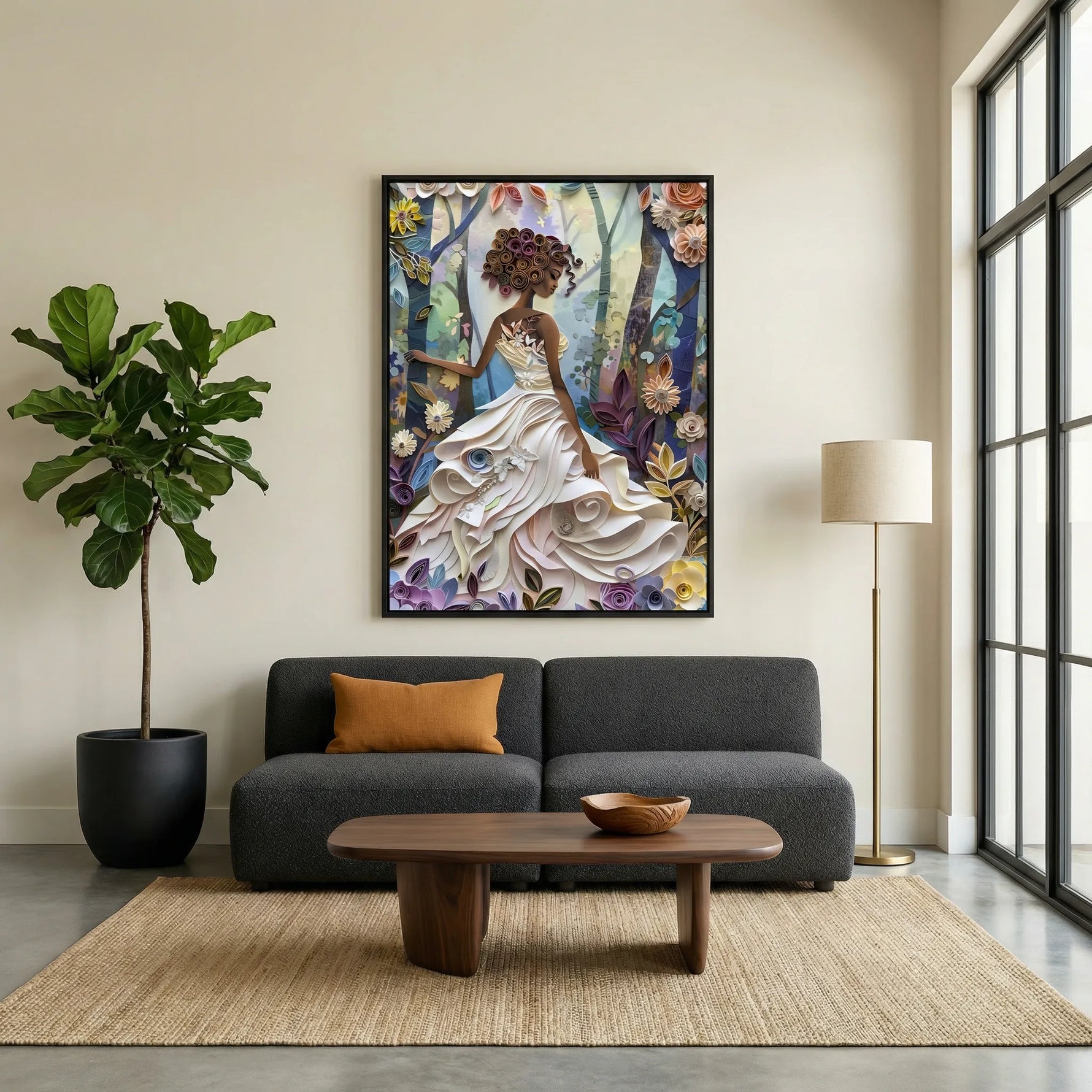 Black excellence wall art in living room with Minimalist living room with charcoal sofa, fiddle leaf fig, and floor lamp. Digital mockup.
