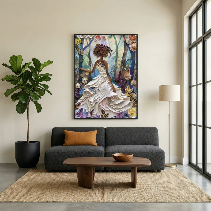 Black excellence wall art in living room with Minimalist living room with charcoal sofa, fiddle leaf fig, and floor lamp. Digital mockup.