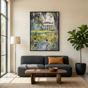 Gullah Geechee art in modern living room with gray sofa and fiddle leaf fig, Black children walking heritage scene. Digital mockup.