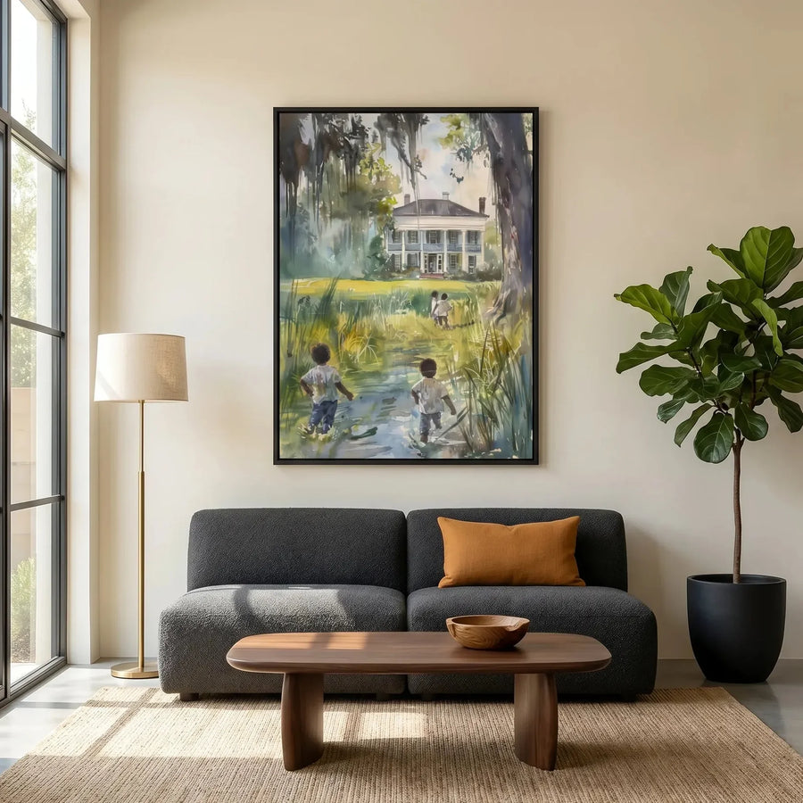 Gullah Geechee art in modern living room with gray sofa and fiddle leaf fig, Black children walking heritage scene. Digital mockup.