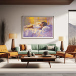 Black woman canvas art in living room with Reclining woman painting above mid century sofa with orange and teal chairs. Digital mockup.