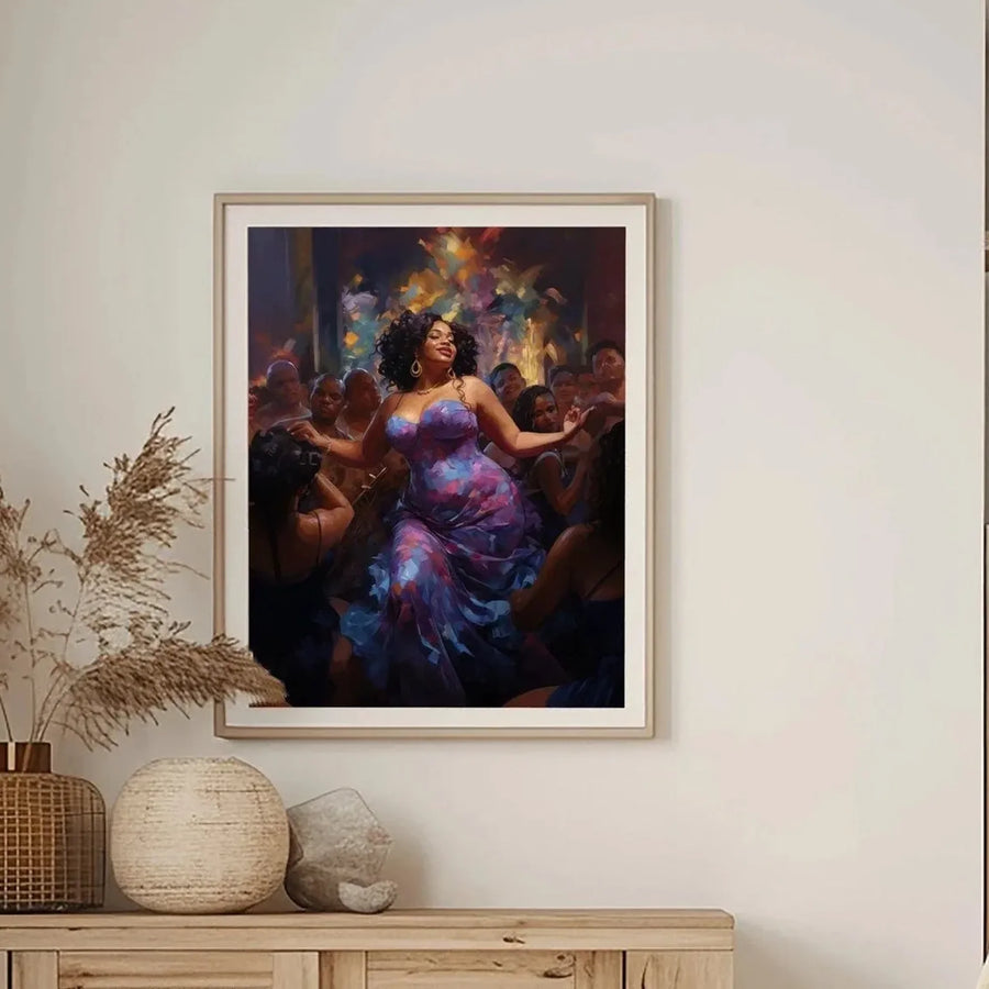 Modern African American art in modern living room with cane sideboard and pampas grass, curvy Black woman dancing in purple. Digital mockup.