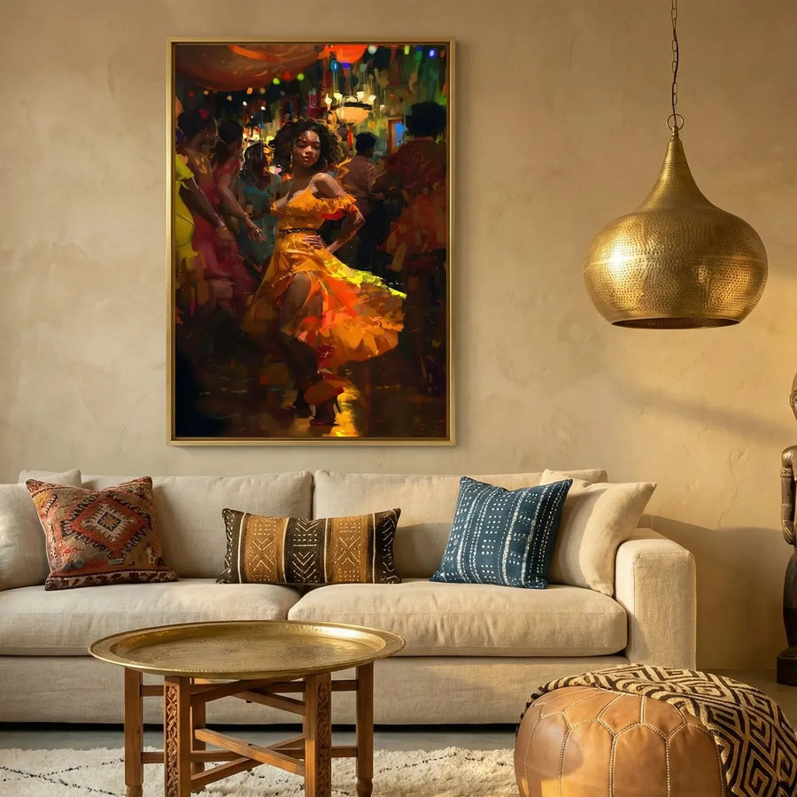 Afrohemian home decor wall art in Moroccan plaster living room with cream sofa and African statue, Black woman dancing salsa. Digital mockup.