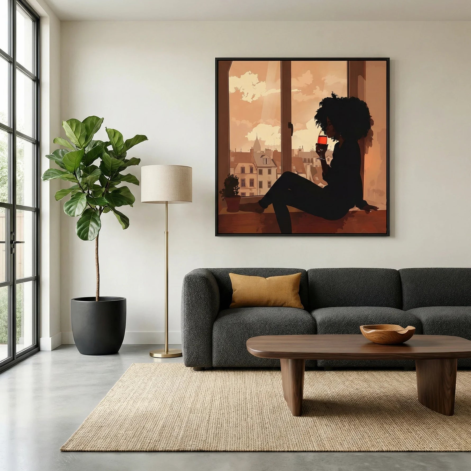 Black woman canvas wall art in living room with charcoal sofa, walnut coffee table, fiddle leaf fig, jute rug, white walls. Digital mockup.