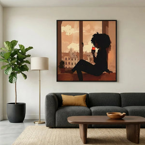 African American art for bedroom in modern style with walnut platform bed and brass lamps, Black woman wine art. Digital mockup.