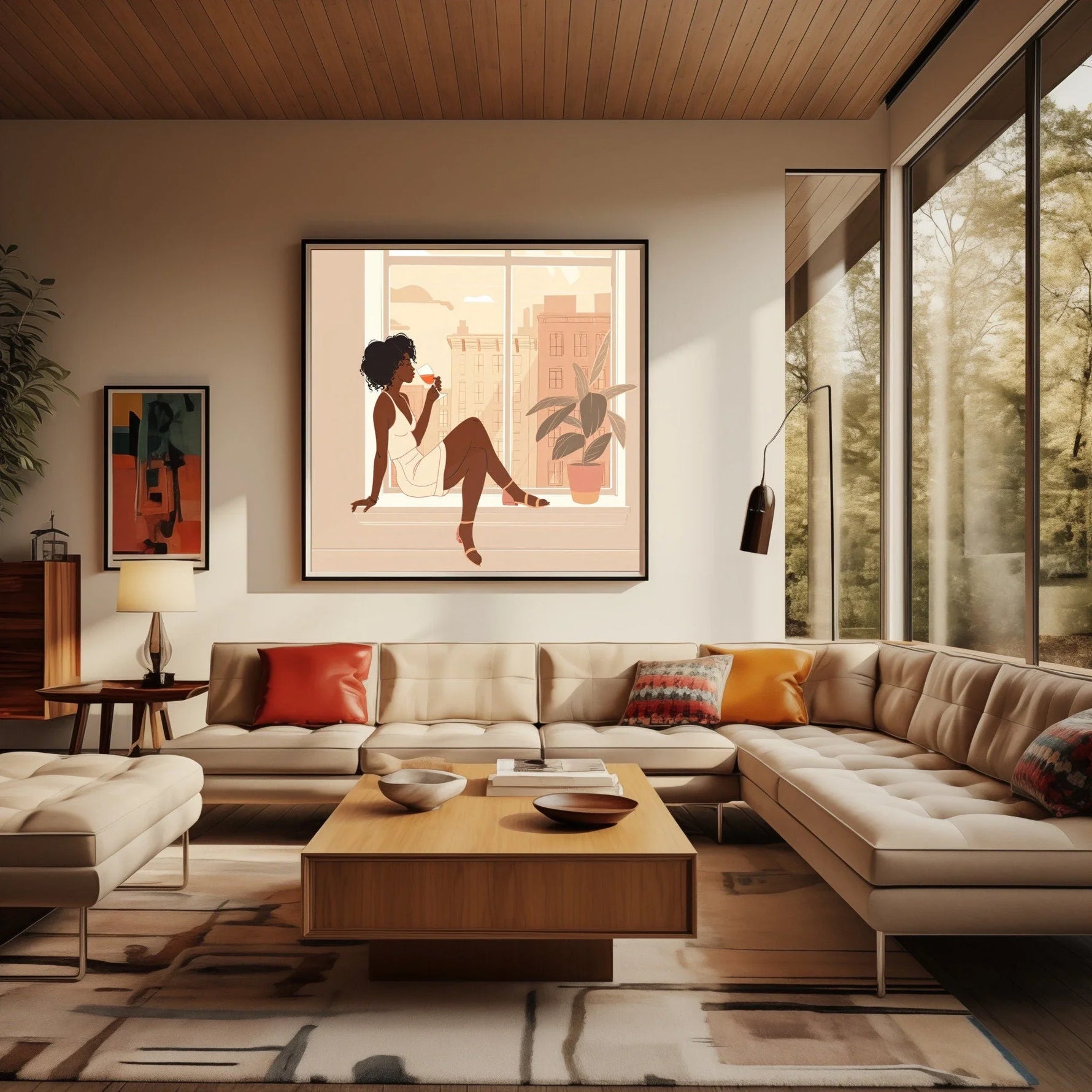 Urban Black aesthetic wall art in living room with Mid century modern living room with beige sectional and floor to ceiling. Digital mockup.