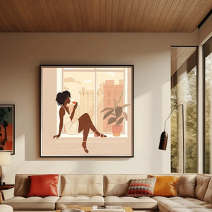 Black art for living room in mid-century space with wood-paneled ceiling and beige sectional, Black woman wine art. Digital mockup.