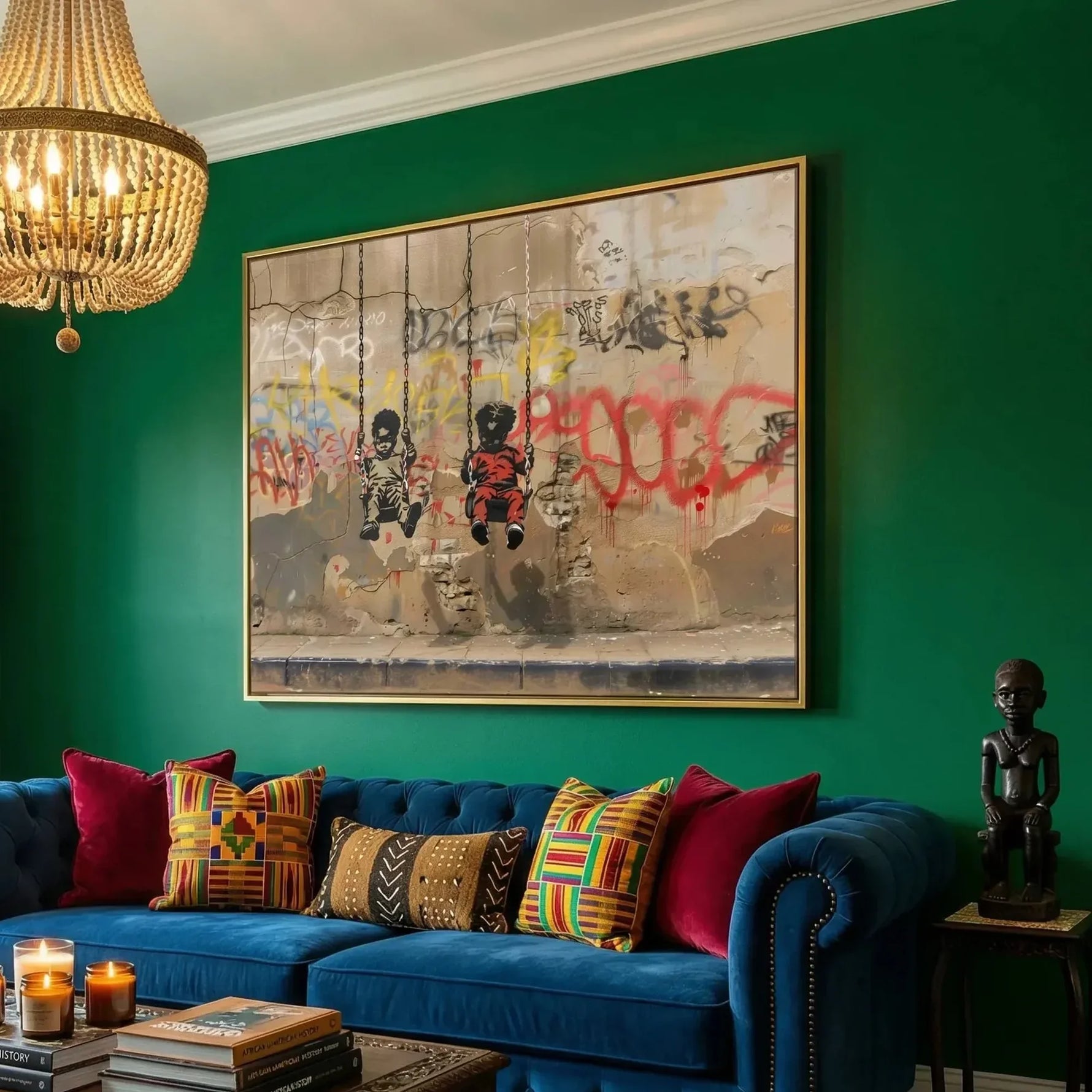 Graffiti Black art in modern living room with gray sofa and mudcloth pillows, Black boys on swings stencil. Digital mockup.