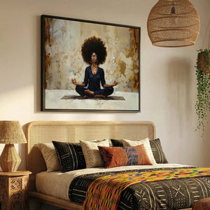 African American art for bedroom in modern bedroom with walnut platform bed and brass lamps, Black woman meditating. Digital mockup.