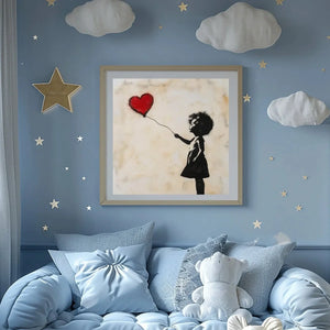 Black art for nursery walls in light blue scandi nursery with cloud decals, street-art Black girl with red heart balloon. Digital mockup.