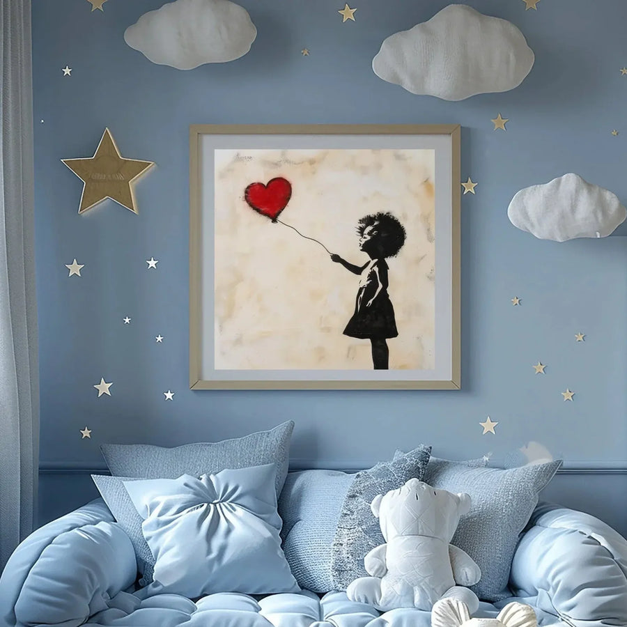 Black art for nursery walls in light blue scandi nursery with cloud decals, street-art Black girl with red heart balloon. Digital mockup.
