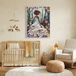 Black excellence wall art in nursery with Magical woman in forest paper art above wood crib in warm neutral nursery, Black. Digital mockup.