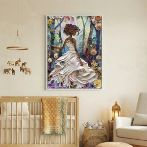 Black art for nursery walls in boho cream nursery with brass mobile and African animals, paper-quilled Black girl, abstract. Digital mockup.
