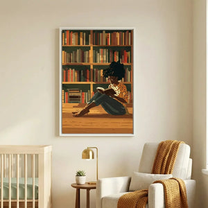 Black art for nursery walls in scandi nursery with rounded crib and knit chair, illustrated Black girl reading in library. Digital mockup.