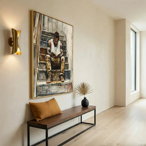 Heritage-inspired African American art on burgundy gallery wall with family photos and African mask, Black man reading. Digital mockup.