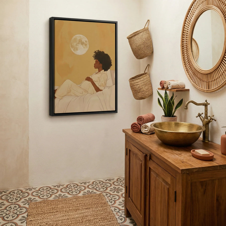 Coastal calm Afrocentric decor in bathroom with Moonlit woman illustration hung in boho bathroom beside rattan mirror and. Digital mockup.